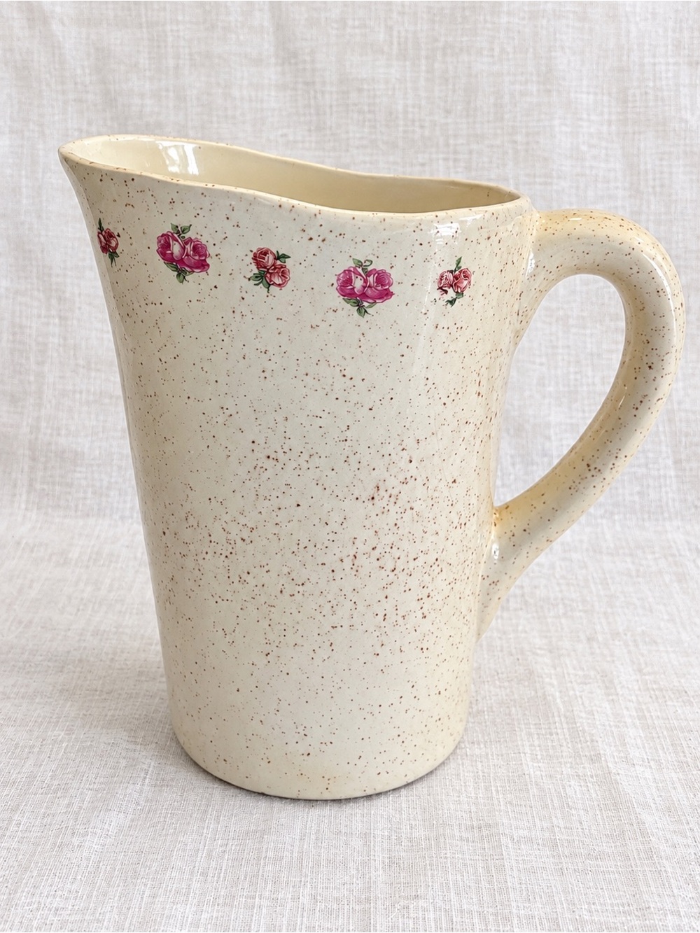 Vintage 1984 Signed DH Speckled Ceramic Rose Pitcher 7” Cottagecore Stoneware